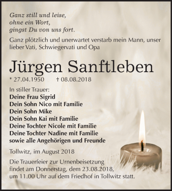 Traueranzeige von Jürgen Sanftleben von Mitteldeutsche Zeitung Merseburg/Querfurt