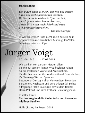 Traueranzeige von Jürgen Voigt von Mitteldeutsche Zeitung Halle/Saalkreis