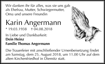 Traueranzeige von Karin Angermann von Mitteldeutsche Zeitung Halle/Saalkreis