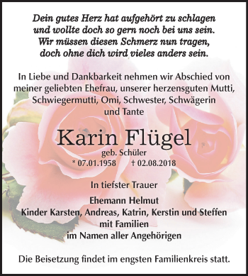Traueranzeige von Karin Flügel von Mitteldeutsche Zeitung Bernburg