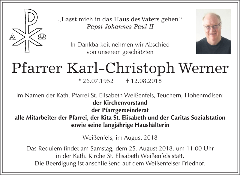  Traueranzeige für Karl-Christoph Werner vom 18.08.2018 aus Mitteldeutsche Zeitung Weißenfels