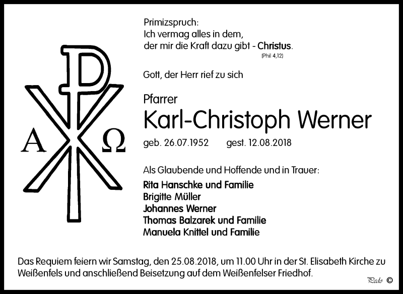  Traueranzeige für Karl-Christoph Werner vom 18.08.2018 aus Mitteldeutsche Zeitung Weißenfels