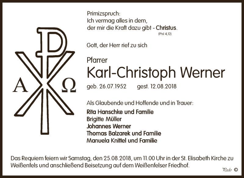  Traueranzeige für Karl-Christoph Werner vom 22.08.2018 aus WVG - Wochenspiegel NMB / WSF / ZTZ