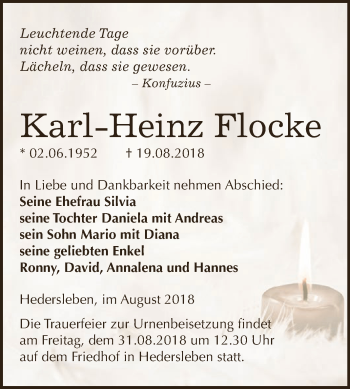 Traueranzeige von Karl-Heinz Flocke von Super Sonntag SGH Mansf. Land