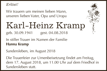 Traueranzeige von Karl-Heinz Kramp von Wochenspiegel Mansfelder Land