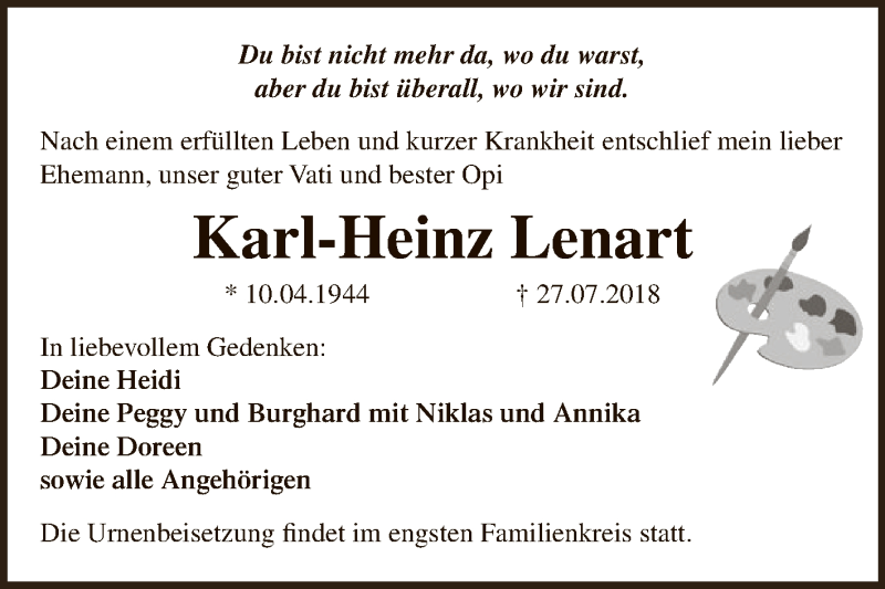  Traueranzeige für Karl-Heinz Lenart vom 04.08.2018 aus WVG - Wochenspiegel Dessau / Köthen