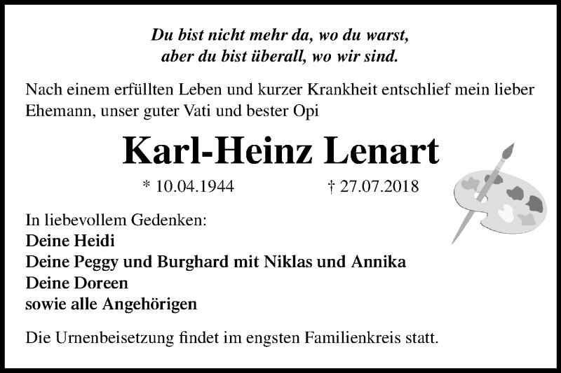  Traueranzeige für Karl-Heinz Lenart vom 06.08.2018 aus Mitteldeutsche Zeitung Dessau-Roßlau