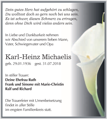 Traueranzeige von Karl-Heinz Michaelis von WVG - Wochenspiegel Bitterfeld