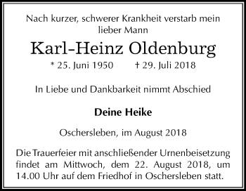 Traueranzeige von Karl-Heinz Oldenburg von Mitteldeutsche Zeitung Aschersleben