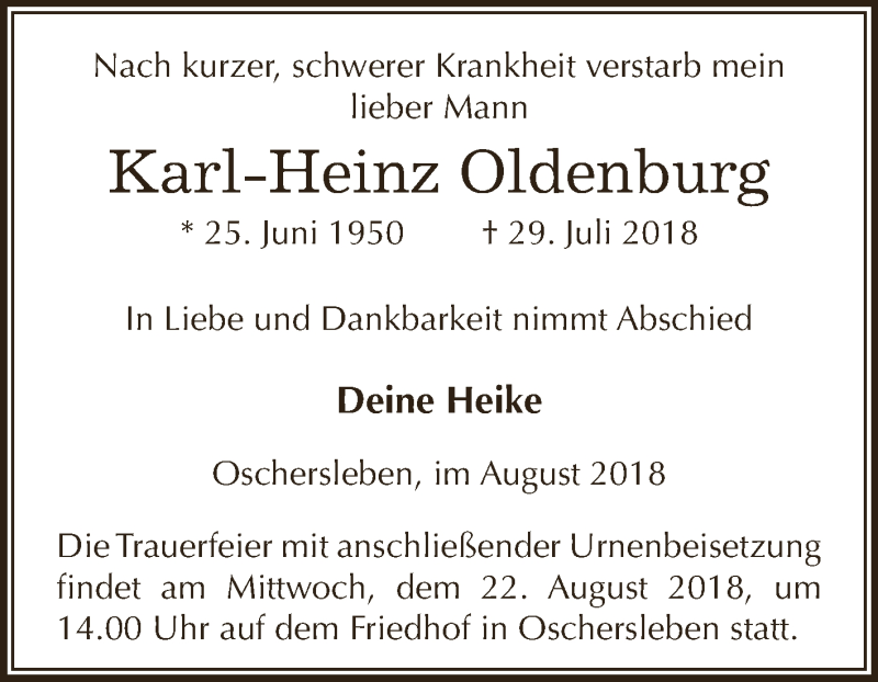  Traueranzeige für Karl-Heinz Oldenburg vom 08.08.2018 aus Super Sonntag Aschersleben