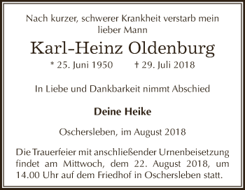 Traueranzeige von Karl-Heinz Oldenburg von Super Sonntag Aschersleben