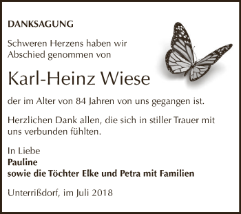 Traueranzeige von Karl-Heinz Wiese von Super Sonntag SGH Mansf. Land
