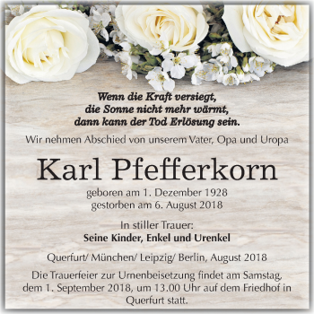 Traueranzeige von Karl Pfefferkorn von Mitteldeutsche Zeitung Merseburg/Querfurt