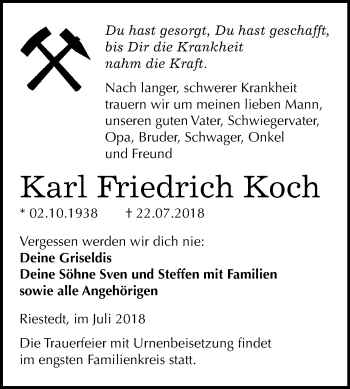 Traueranzeige von Karl Friedrich Koch von Mitteldeutsche Zeitung Sangerhausen