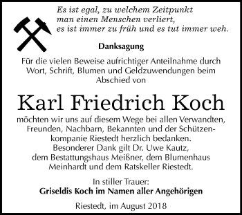 Traueranzeige von Karl Friedrich Koch von Mitteldeutsche Zeitung Sangerhausen