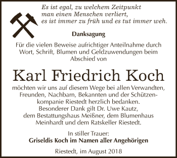 Traueranzeige von Karl Friedrich Koch von WVG - Wochenspiegel SGH