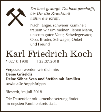 Traueranzeige von Karl Friedrich Koch von WVG - Wochenspiegel SGH