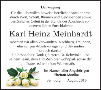 Traueranzeige von Karl Heinz Meinhardt von Mitteldeutsche Zeitung Bernburg