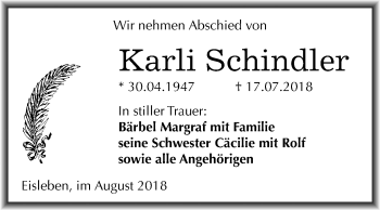 Traueranzeige von Karli Schindler von Mitteldeutsche Zeitung