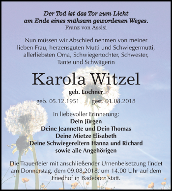 Traueranzeige von Karola Witzel von Mitteldeutsche Zeitung Quedlinburg