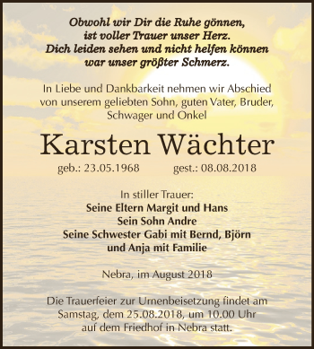 Traueranzeige von Karsten Wächter von WVG - Wochenspiegel NMB / WSF / ZTZ