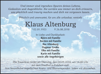 Traueranzeige von Klaus Altenburg von Mitteldeutsche Zeitung Sangerhausen