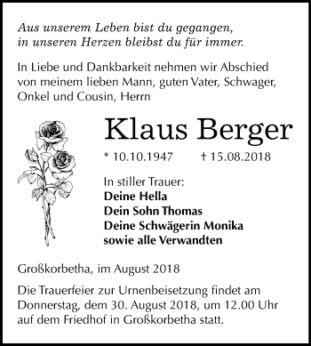 Traueranzeige von Klaus Berger von Mitteldeutsche Zeitung Weißenfels