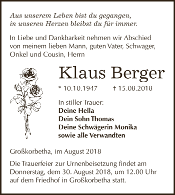 Traueranzeige von Klaus Berger von WVG - Wochenspiegel NMB / WSF / ZTZ