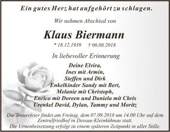 Traueranzeige von Klaus Biermann von WVG - Wochenspiegel Dessau / Köthen