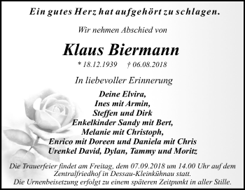 Traueranzeige von Klaus Biermann von Mitteldeutsche Zeitung Dessau-Roßlau