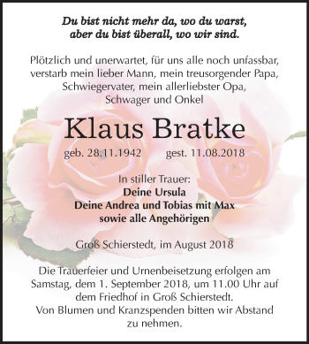 Traueranzeige von Klaus Bratke von Mitteldeutsche Zeitung Aschersleben