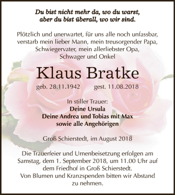 Traueranzeige von Klaus Bratke von Super Sonntag Aschersleben