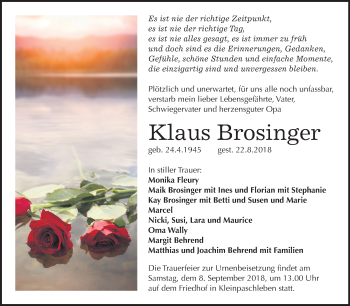 Traueranzeige von Klaus Brosinger von Mitteldeutsche Zeitung Bernburg