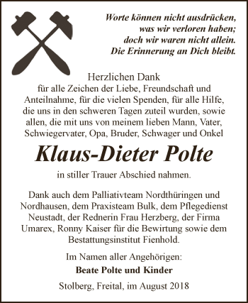 Traueranzeige von Klaus-Dieter Polte von Super Sonntag SGH Mansf. Land