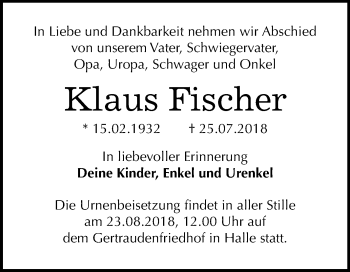 Traueranzeige von Klaus Fischer von Mitteldeutsche Zeitung Halle/Saalkreis