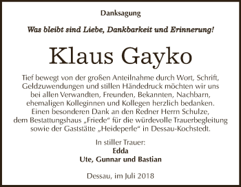 Traueranzeige von Klaus Gayko von WVG - Wochenspiegel Dessau / Köthen