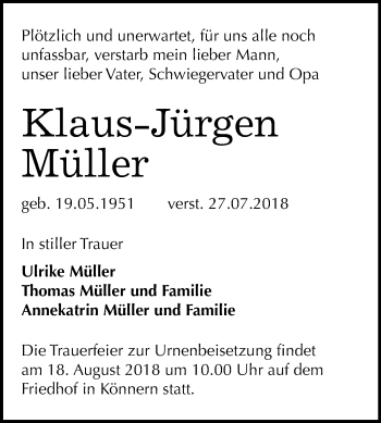Traueranzeige von Klaus-Jürgen Müller von Mitteldeutsche Zeitung