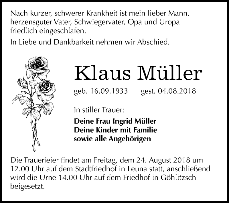  Traueranzeige für Klaus Müller vom 18.08.2018 aus Mitteldeutsche Zeitung Merseburg/Querfurt