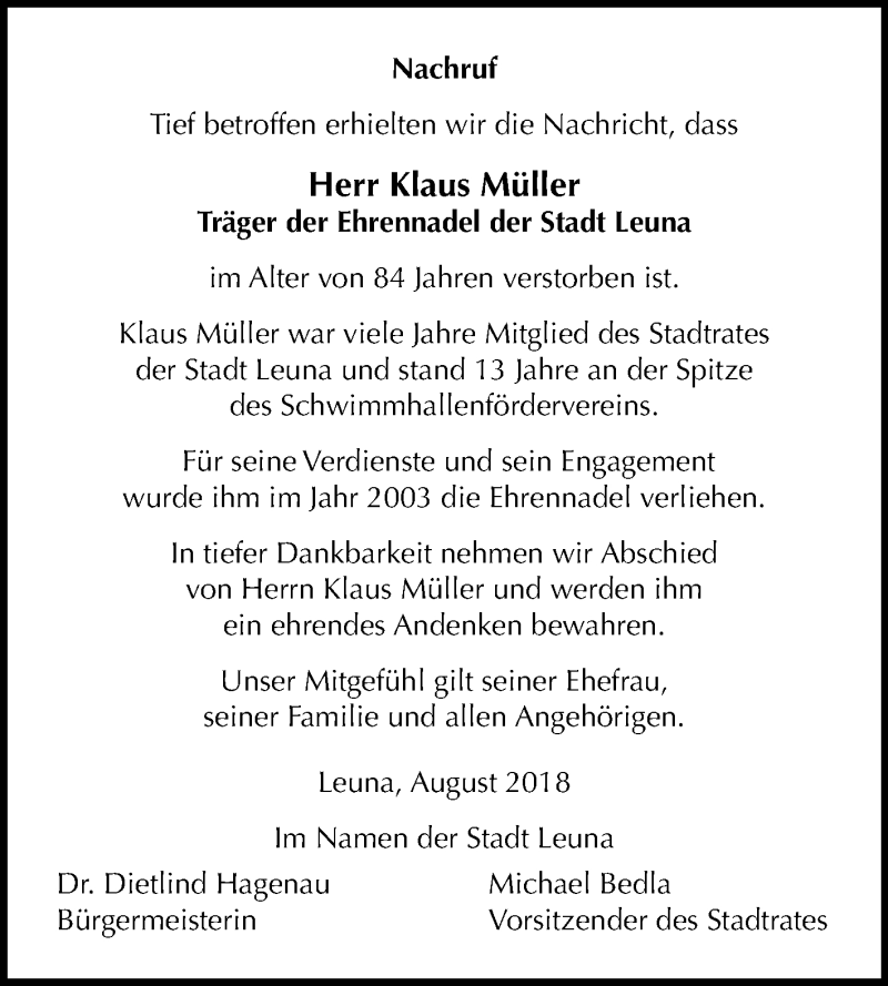  Traueranzeige für Klaus Müller vom 22.08.2018 aus Mitteldeutsche Zeitung Merseburg/Querfurt
