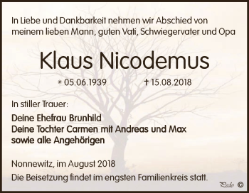 Traueranzeige von Klaus Nicodemus von Super Sonntag Zeitz