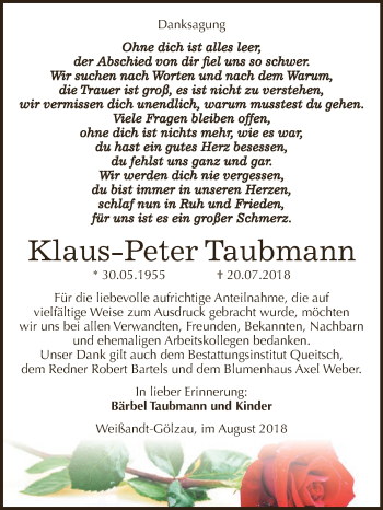 Traueranzeige von Klaus-Peter Taubmann von WVG - Wochenspiegel Dessau / Köthen