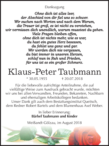 Traueranzeige von Klaus-Peter Taubmann von Mitteldeutsche Zeitung Köthen