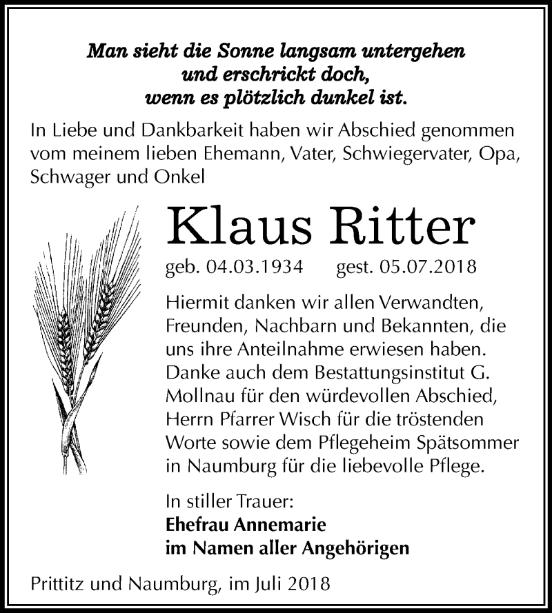  Traueranzeige für Klaus Ritter vom 04.08.2018 aus Mitteldeutsche Zeitung Weißenfels