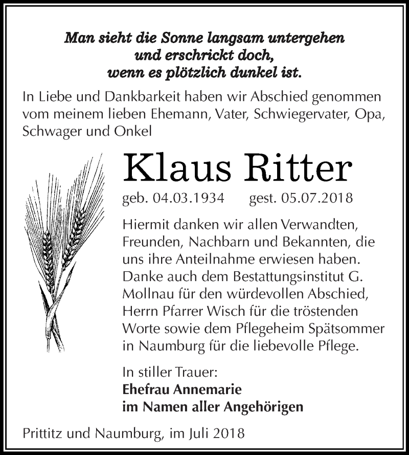  Traueranzeige für Klaus Ritter vom 04.08.2018 aus WVG - Wochenspiegel Merseburg