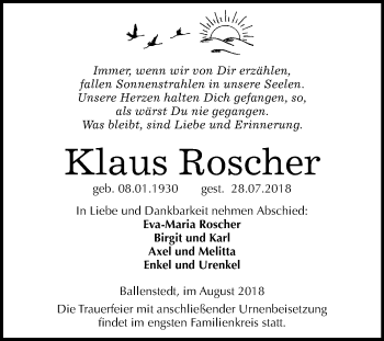 Traueranzeige von Klaus Roscher von Mitteldeutsche Zeitung Quedlinburg