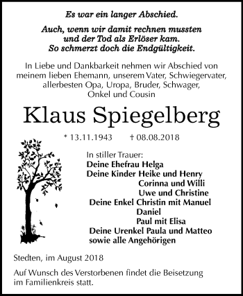 Traueranzeige von Klaus Spiegelberg von Mitteldeutsche Zeitung