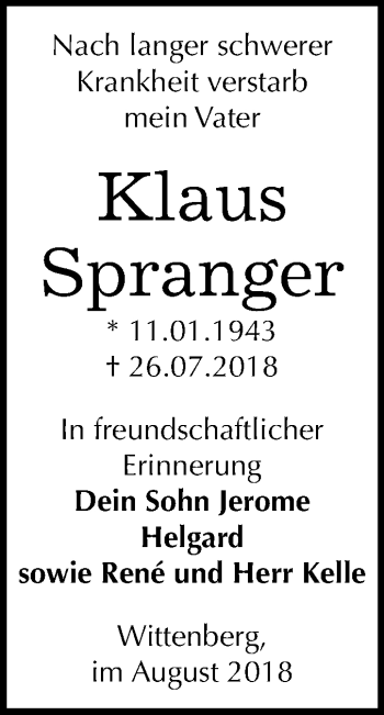 Traueranzeige von Klaus Spranger von Mitteldeutsche Zeitung