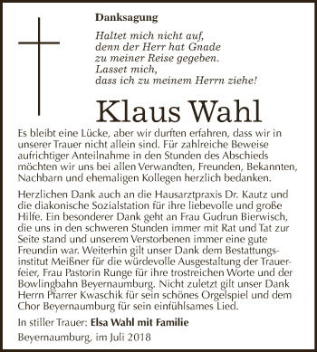 Traueranzeige von Klaus Wahl von WVG - Wochenspiegel SGH