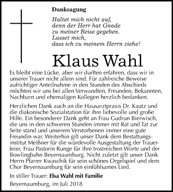 Traueranzeige von Klaus Wahl von Mitteldeutsche Zeitung Sangerhausen