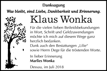 Traueranzeige von Klaus Wonka von Mitteldeutsche Zeitung Dessau-Roßlau